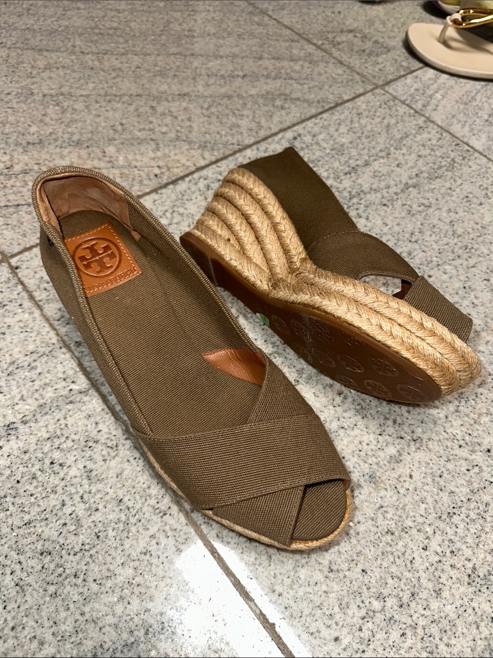 Tory Burch Olive Brown Canvas Espadrille Wedge